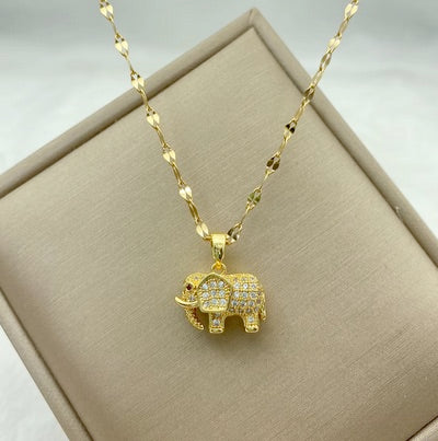Cute Gold Plated Stainless Steel Save The Elephant Necklace With Cubic Zirconias