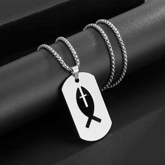Dog Tag Style Fishers Of Men Cross Necklace