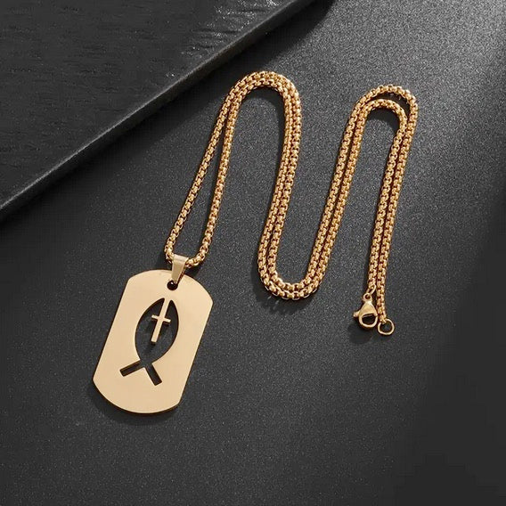 Dog Tag Style Fishers Of Men Cross Necklace
