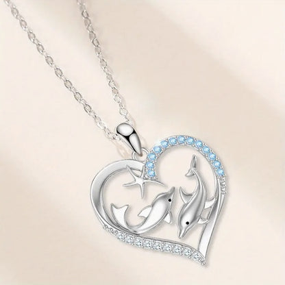 Save The Dolphin Heart CZ Necklace - Shimmering White K Gold Plated
