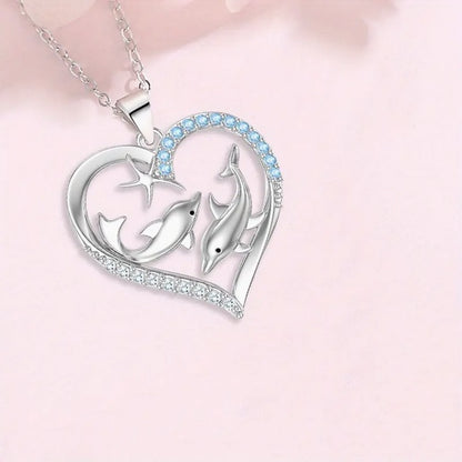 Save The Dolphin Heart CZ Necklace - Shimmering White K Gold Plated
