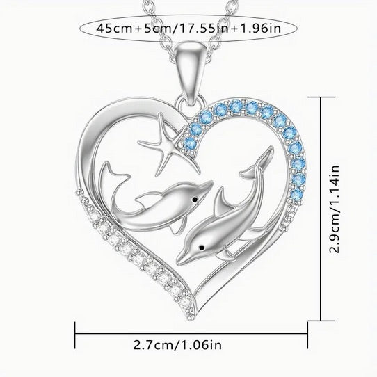 Save The Dolphin Heart CZ Necklace - Shimmering White K Gold Plated