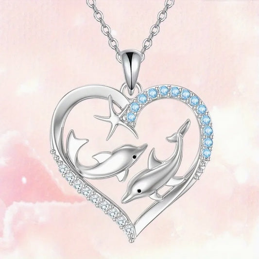 Save The Dolphin Heart CZ Necklace - Shimmering White K Gold Plated