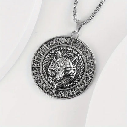 3-D Bohemian Style Viking Wolf Head Pendant Necklace with Norse Runes Necklace