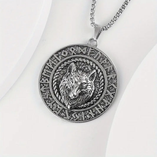 3-D Bohemian Style Viking Wolf Head Pendant Necklace with Norse Runes Necklace