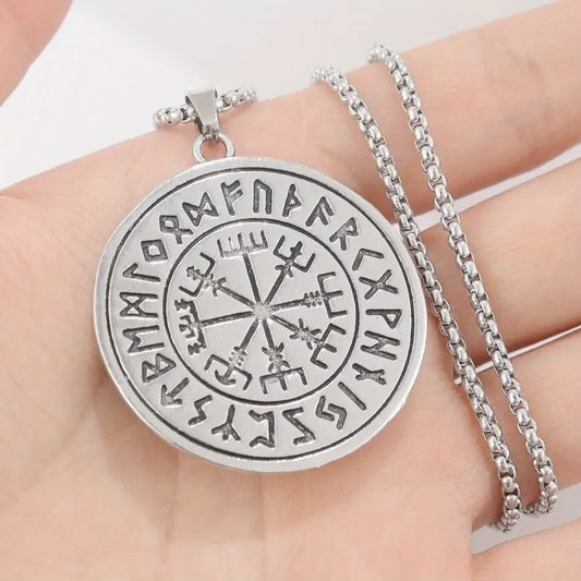 3-D Bohemian Style Viking Wolf Head Pendant Necklace with Norse Runes Necklace