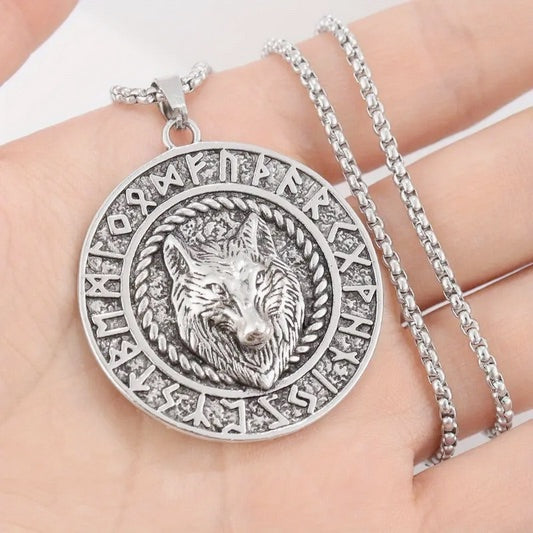 3-D Bohemian Style Viking Wolf Head Pendant Necklace with Norse Runes Necklace