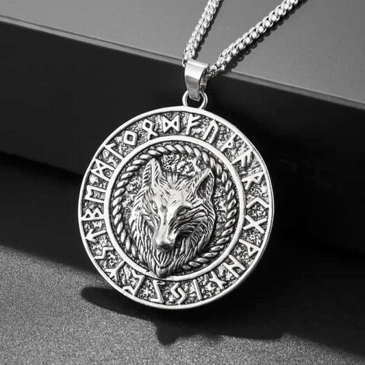 3-D Bohemian Style Viking Wolf Head Pendant Necklace with Norse Runes Necklace