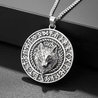 3-D Bohemian Style Viking Wolf Head Pendant Necklace with Norse Runes Necklace