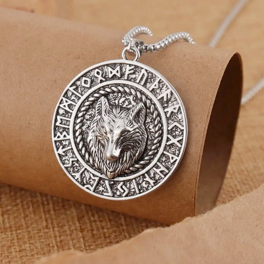 3-D Bohemian Style Viking Wolf Head Pendant Necklace with Norse Runes Necklace