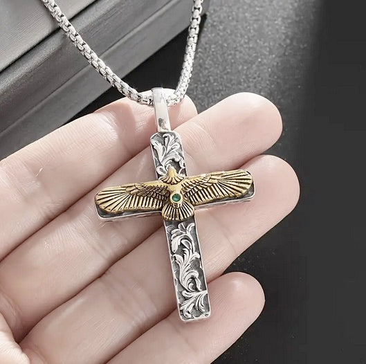 Green Synthetic Cubic Zirconia Inlay Men’s Two Tone Spread Eagle Cross - No Plating
