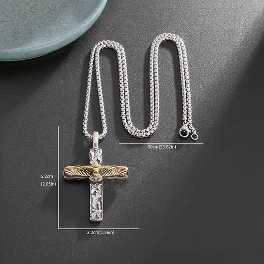 Green Synthetic Cubic Zirconia Inlay Men’s Two Tone Spread Eagle Cross - No Plating