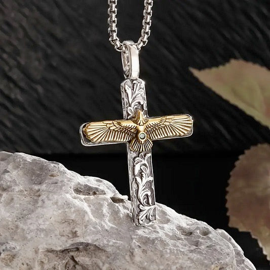 Green Synthetic Cubic Zirconia Inlay Men’s Two Tone Spread Eagle Cross - No Plating