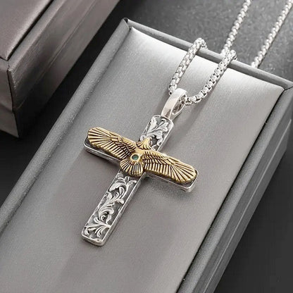 Green Synthetic Cubic Zirconia Inlay Men’s Two Tone Spread Eagle Cross - No Plating