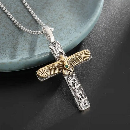 Green Synthetic Cubic Zirconia Inlay Men’s Two Tone Spread Eagle Cross - No Plating