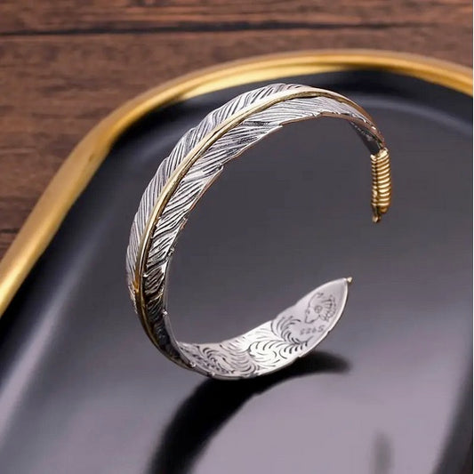 Eagle Feather Two Tone Adjustable Cuff Bracelet