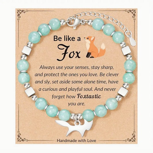 Elegant Handmade Natural Stone Beaded Fox Bracelet with Inspirational Quote Card