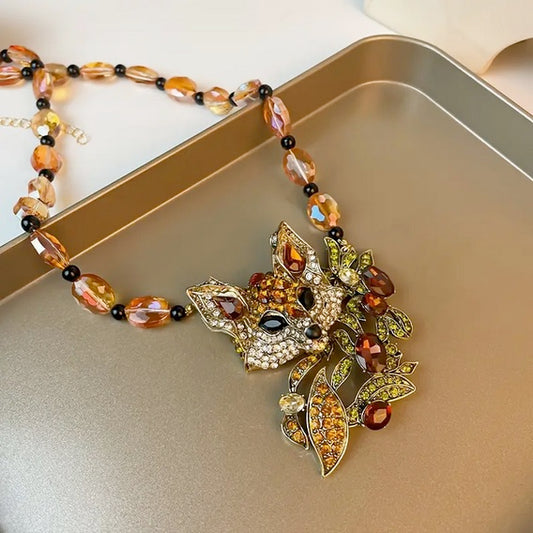 Vintage Inspired Colorful Fox Necklace with Sparkling Rhinestones
