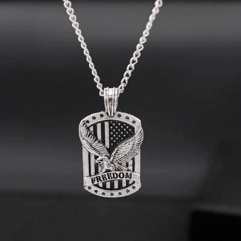 Freedom Eagle Pendant Dog Tag Style Necklace for Men and Women - Stainless Steel, Vintage Style, No Plating, Unisex