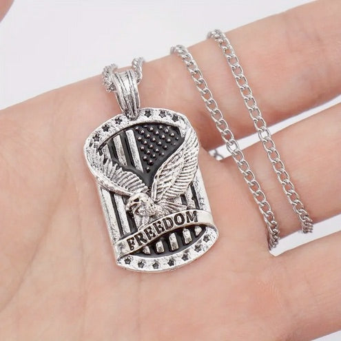 Freedom Eagle Pendant Dog Tag Style Necklace for Men and Women - Stainless Steel, Vintage Style, No Plating, Unisex