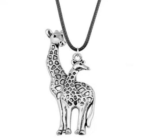 Antique Silver Plated Giraffe Black Leather Cord Rope Chain Necklace -Length adjustable