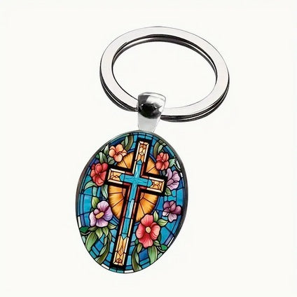 Cross Flowers Oval Glass Keychain