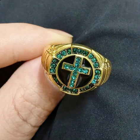 Fashion Men's Luxury Cross Black Drip Oil Green Stone Ring