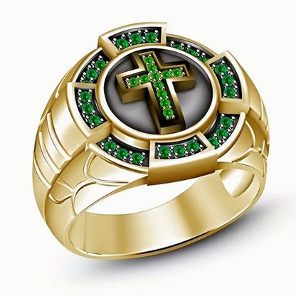 Fashion Men's Luxury Cross Black Drip Oil Green Stone Ring