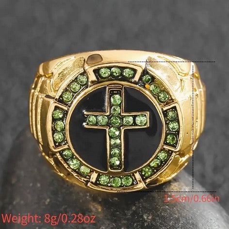 Fashion Men's Luxury Cross Black Drip Oil Green Stone Ring