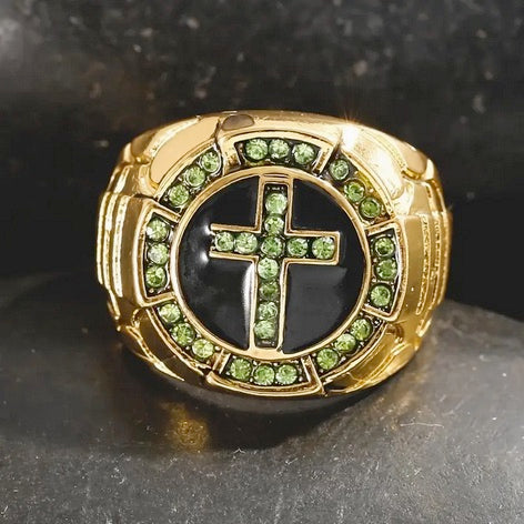 Fashion Men's Luxury Cross Black Drip Oil Green Stone Ring