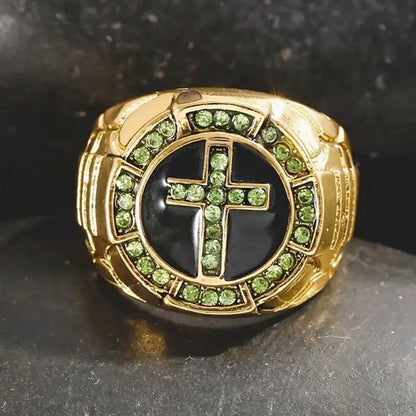 Fashion Men's Luxury Cross Black Drip Oil Green Stone Ring