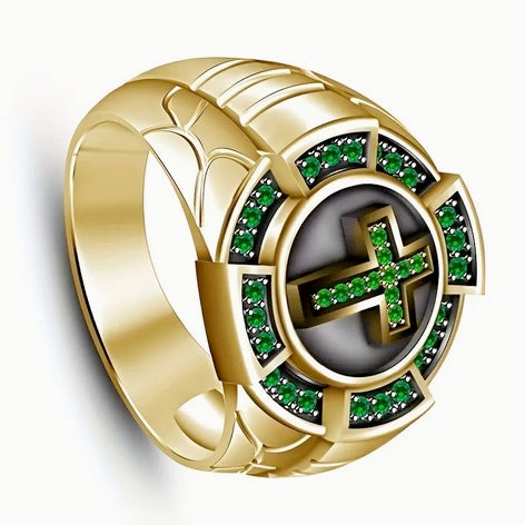 Fashion Men's Luxury Cross Black Drip Oil Green Stone Ring
