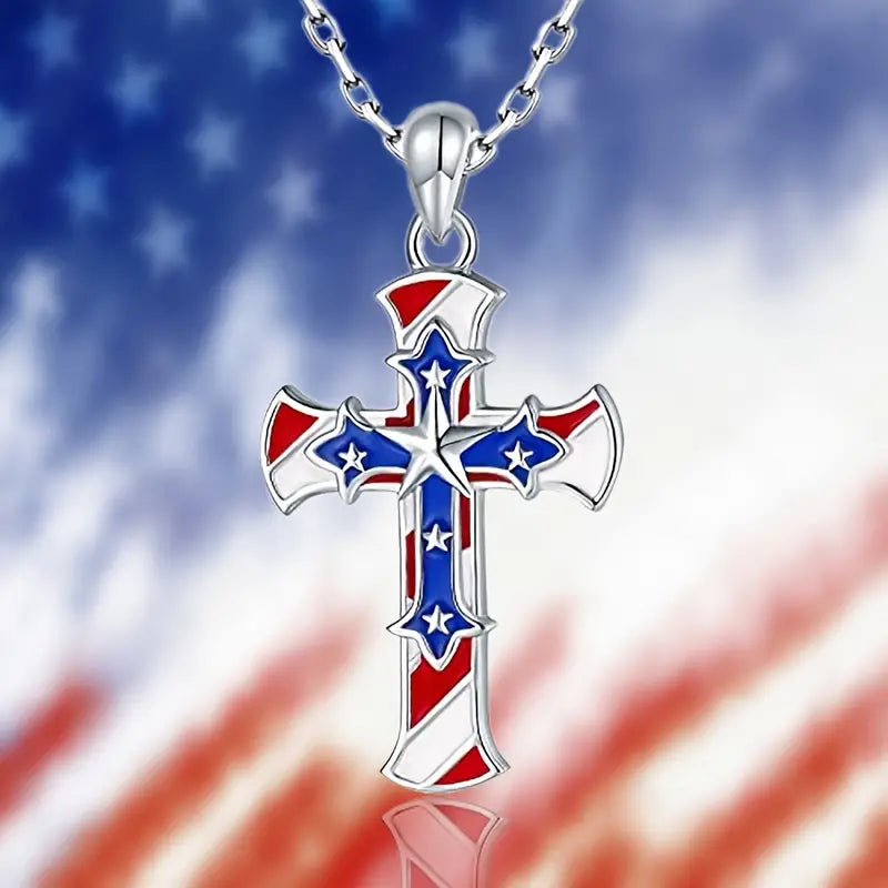 3-D American Flag Cross Necklace