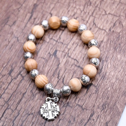 Holy Land Jerusalem Olive Wood Bead And Jerusalem Cross Stretch Bracelet