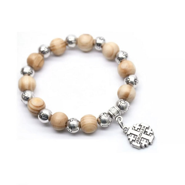 Holy Land Jerusalem Olive Wood Bead And Jerusalem Cross Stretch Bracelet
