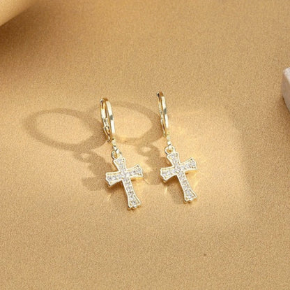 14K Gold Platted Stunning Cubic Zerconia Cross Necklace, Bracelet and Earring Set