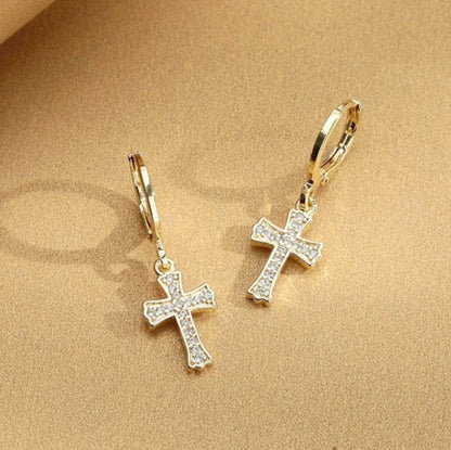 14K Gold Platted Stunning Cubic Zerconia Cross Necklace And Earring Set