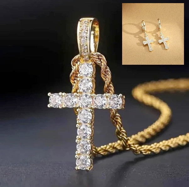 14K Gold Platted Stunning Cubic Zerconia Cross Necklace And Earring Set