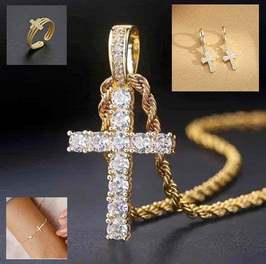 14K Gold Platted Stunning Cubic Zerconia Cross Necklace, Bracelet, Earring And Ring Set