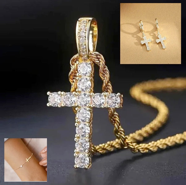 14K Gold Platted Stunning Cubic Zerconia Cross Necklace, Bracelet and Earring Set