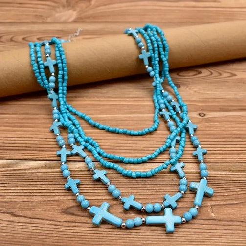 Elegant 5-Layer Turquoise Cross Necklace