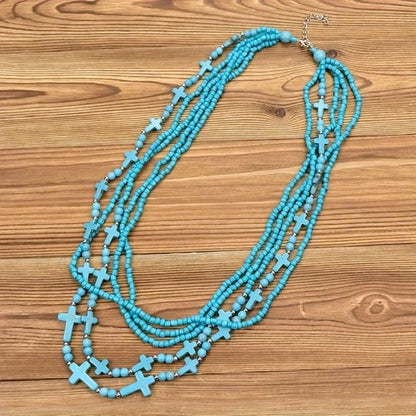 Elegant 5-Layer Turquoise Cross Necklace