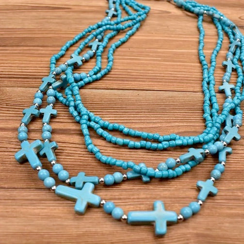 Elegant 5-Layer Turquoise Cross Necklace