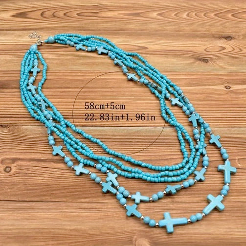 Elegant 5-Layer Turquoise Cross Necklace