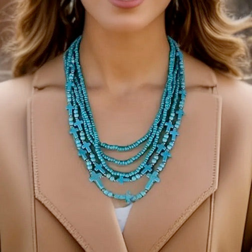 Elegant 5-Layer Turquoise Cross Necklace
