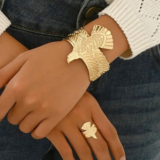 Handcrafted Elegant Golden Eagle Open Cuff Bracelet and Ring Set