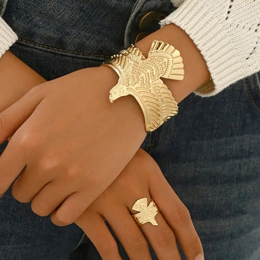 Handcrafted Elegant Golden Eagle Open Cuff Bracelet and Ring Set
