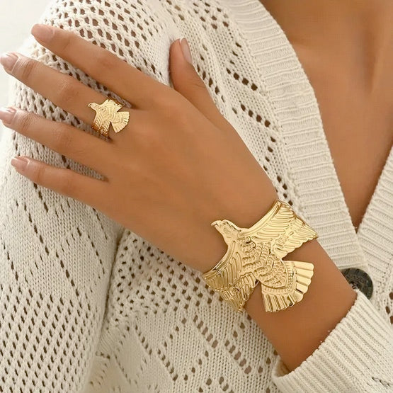 Handcrafted Elegant Golden Eagle Open Cuff Bracelet and Ring Set