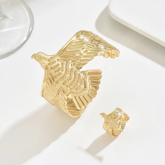 Handcrafted Elegant Golden Eagle Open Cuff Bracelet and Ring Set