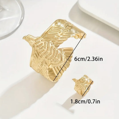 Handcrafted Elegant Golden Eagle Open Cuff Bracelet and Ring Set